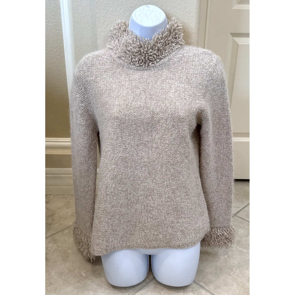 VTG Country Shop Sweater Sz‎ M Brown Knit Lambswool Rabbit Hair Fringe Preppy